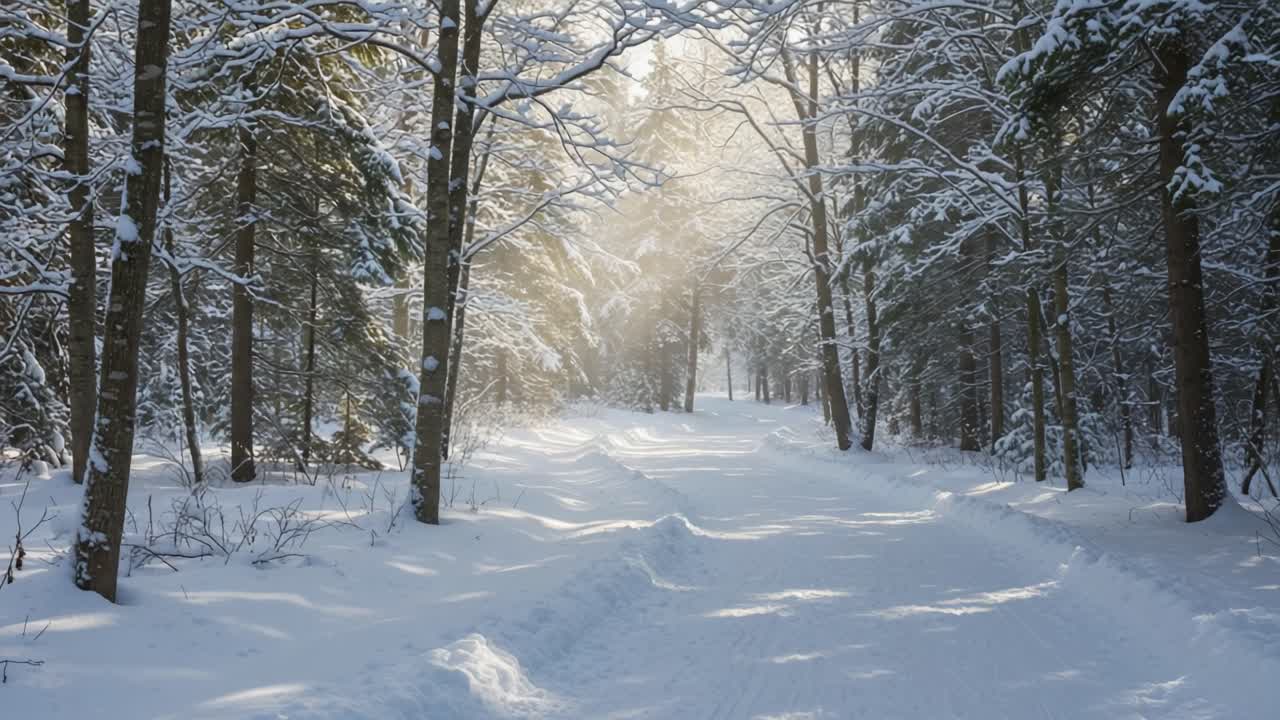 A Serene Winter Pathway Through Snow-Covered Trees Bathed in Soft Light Featuring a Tranquil Atmosphere Perfect for Reflection and Exploration