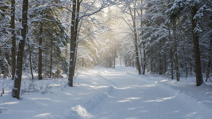 Un sereno sentiero invernale attraverso alberi coperti di neve, immerso in una luce soffusa, caratterizzato da un'atmosfera tranquilla perfetta per la riflessione e l'esplorazione.