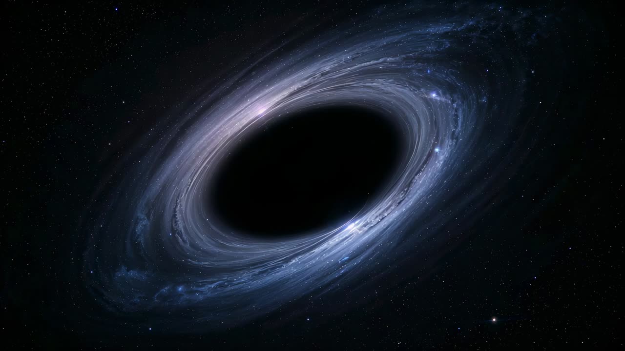 Zooming camera approaching black hole accretion disc in space, capturing event horizon progression