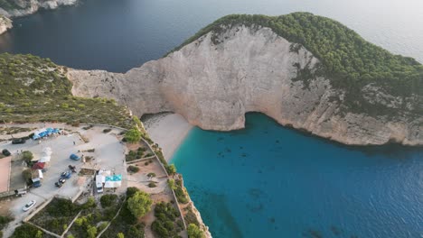 Beach view from above, showcasing the turquoise waters and rocky cliffs in Zante, Greece