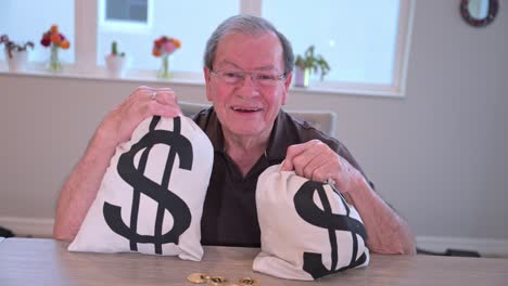 elderly male retiree laughing after he became rich with bitcoin investments