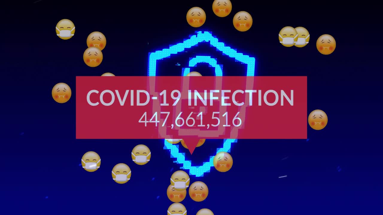 Animation of text covid 19 infection and rising numbers on red, padlock and falling emojis on black