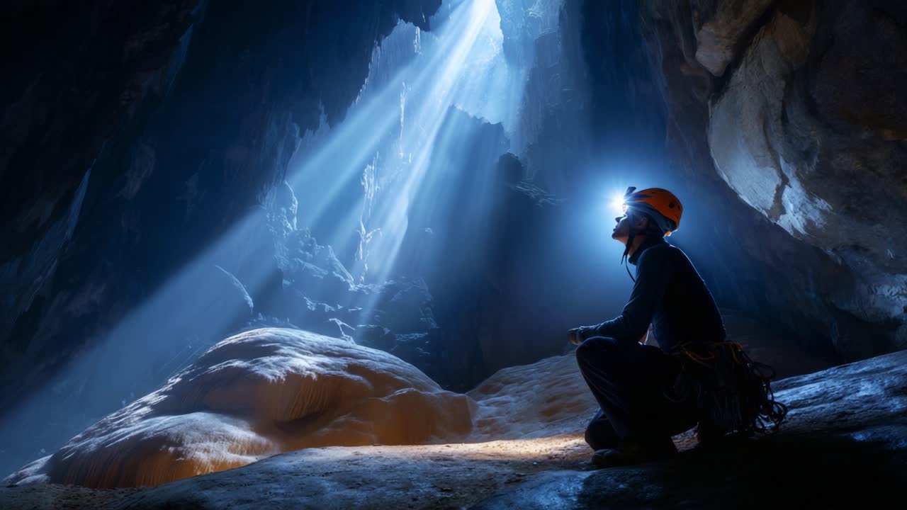 A solitary figure in a dimly lit cave, surrounded by shafts of light breaking through the rocky formations above, creating a mystical and serene atmosphere of exploration and adventure