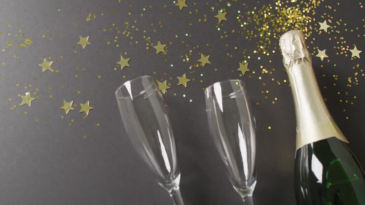 Video di bicchieri e bottiglia di champagne con stelle dorate e brillantini su sfondo nero.