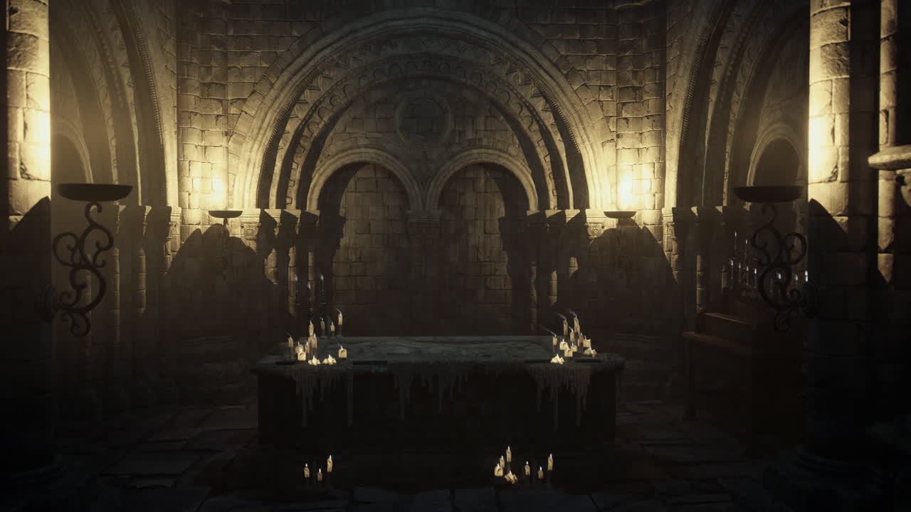 Flickering candlelight illuminates a mysterious stone chamber