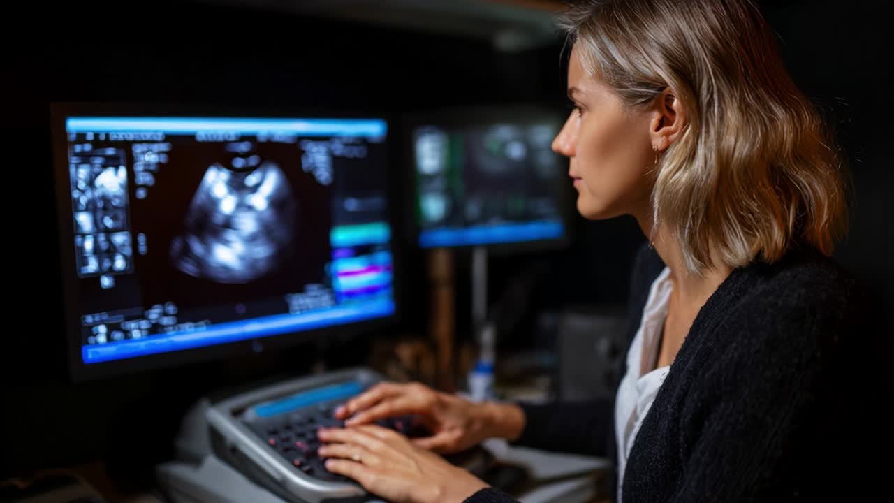 Un ecografista medico professionista analizza le immagini ecografiche su apparecchiature avanzate, concentrandosi sulla diagnostica per immagini dei pazienti per garantire valutazioni mediche accurate e risultati sanitari.