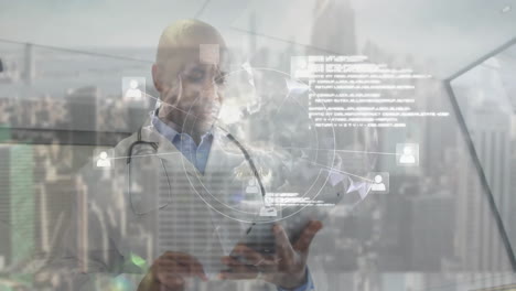male doctor using smartphone in high-rise interior, displaying animated medical data and code