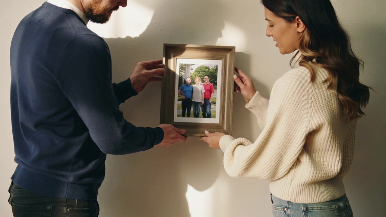 Trovando un gancio, una coppia con maglione blu navy e maglia color crema appende una fotografia di famiglia incorniciata a casa