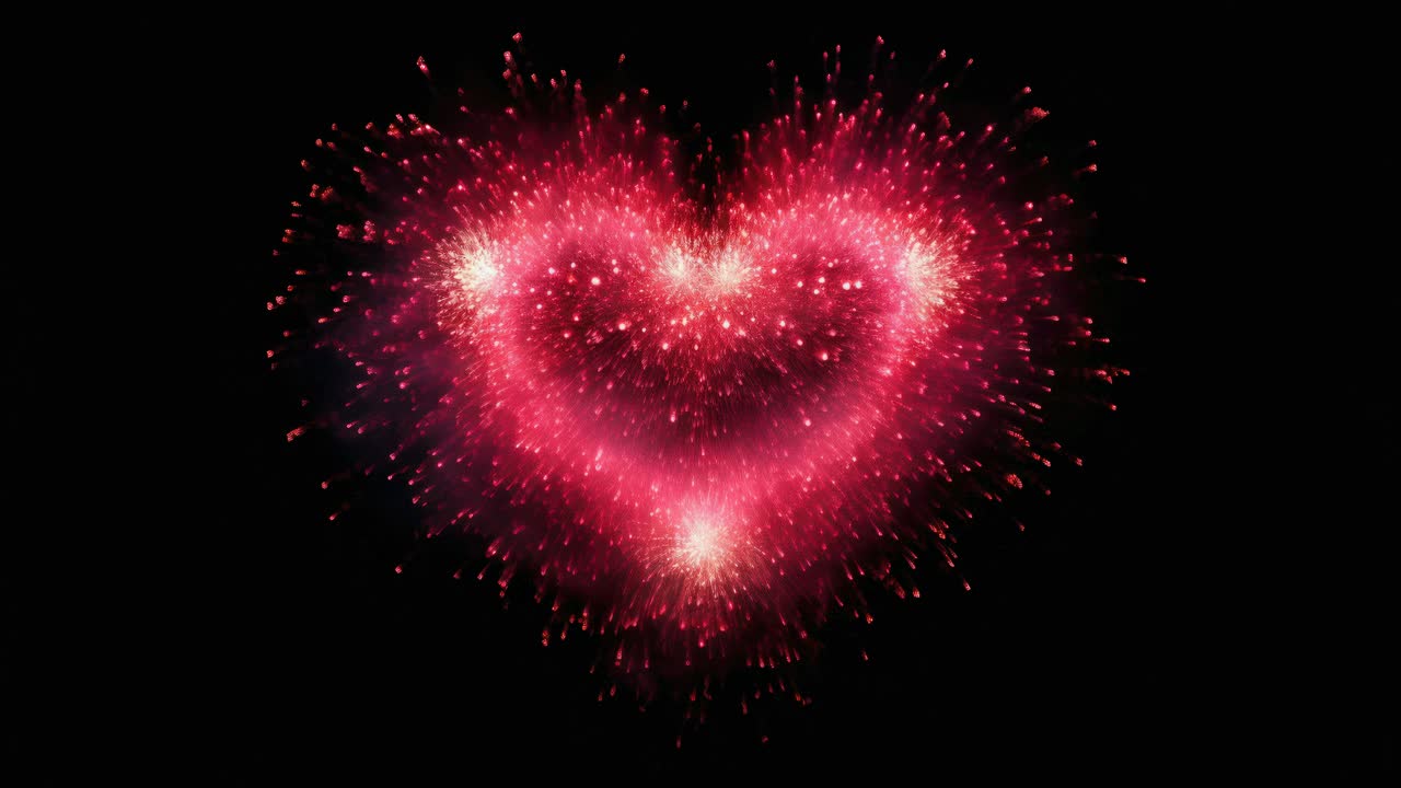 Vista aerea di fuochi d'artificio a forma di cuore che esplodono in un rosa acceso su un cielo scuro