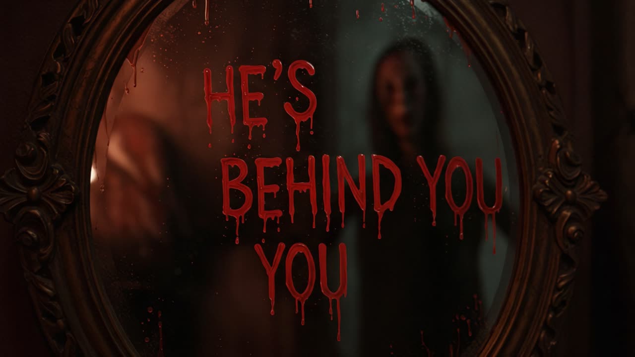A Sinister Reflection: The Haunting Message Revealed in a Bloodied Mirror, Elevating Tension as Shadows Lurk Just Behind the Glass, Creating an Atmosphere of Fear and Suspense