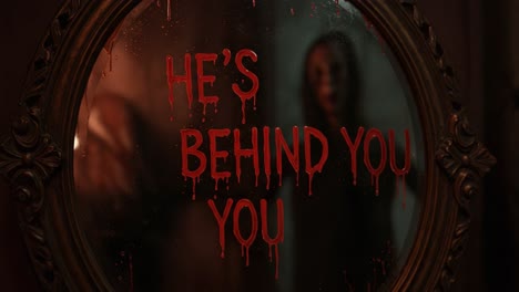a sinister reflection: the haunting message revealed in a bloodied mirror, elevating tension as shadows lurk just behind the glass, creating an atmosphere of fear and suspense