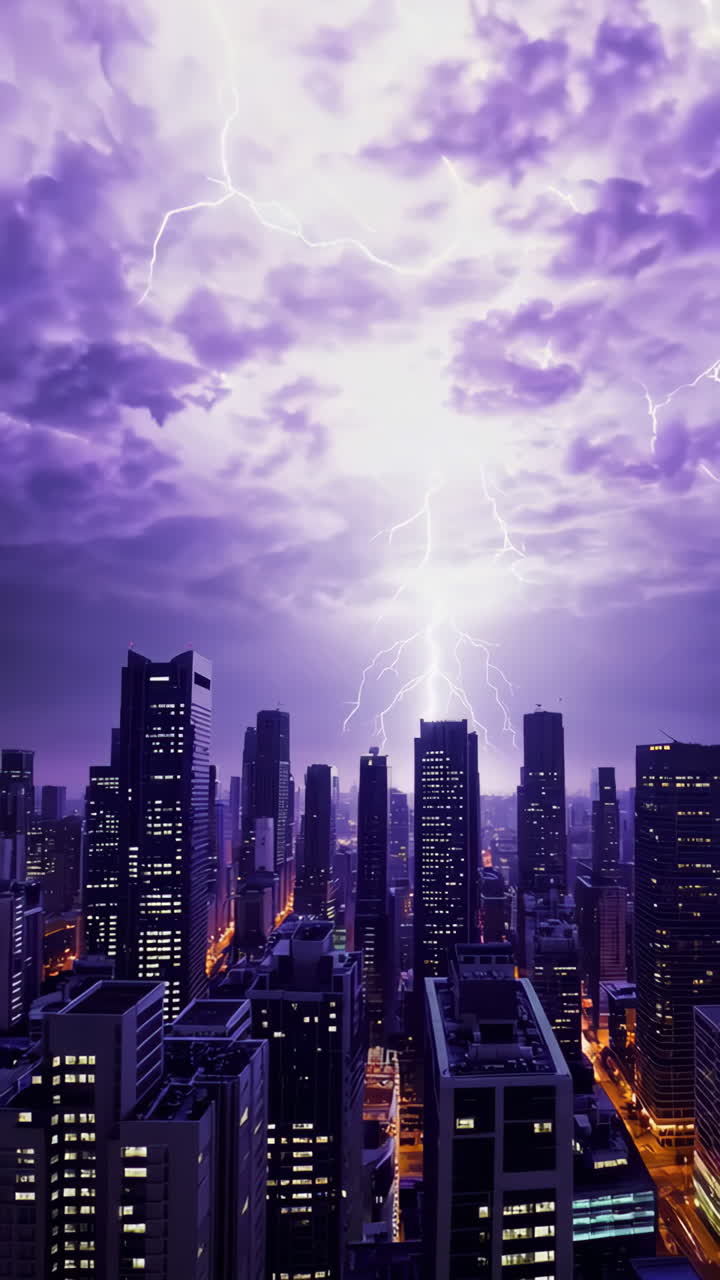 Dramatic Purple Lightning Storm Over a City Skyline at Night