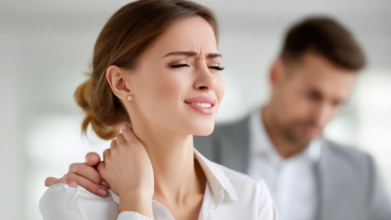A Woman Experiencing Discomfort and Pain in Her Neck While Receiving Support from a Concerned Individual in a Professional Setting