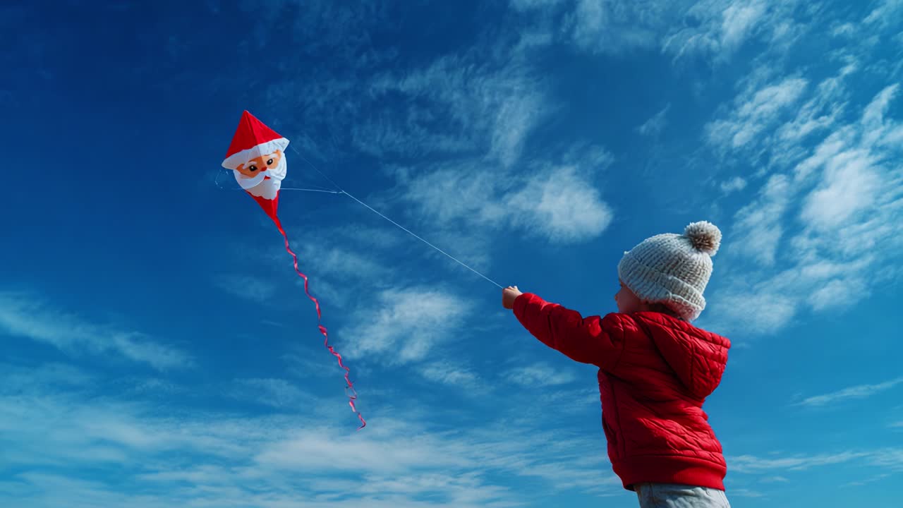A joyful child flies a colorful Santa kite against a bright blue sky, embracing the spirit of play and imagination while enjoying a beautiful day outdoors