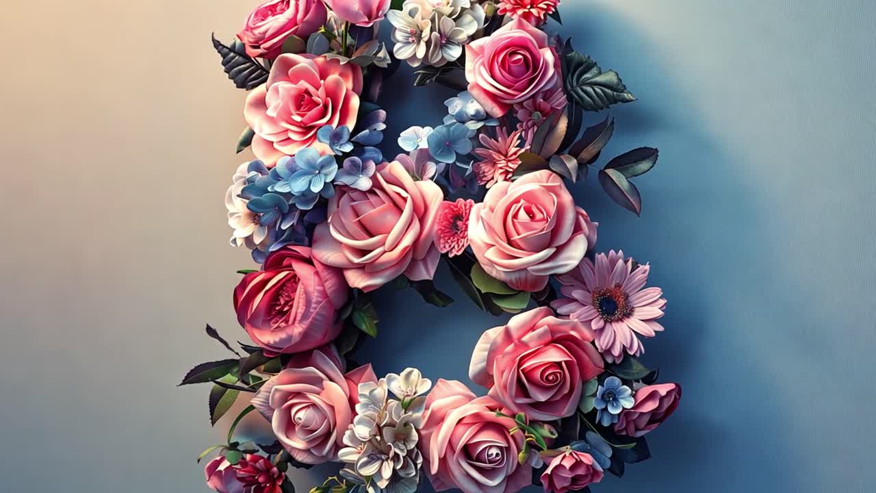 A beautiful floral arrangement forming the number eight with pink roses and mixed flowers