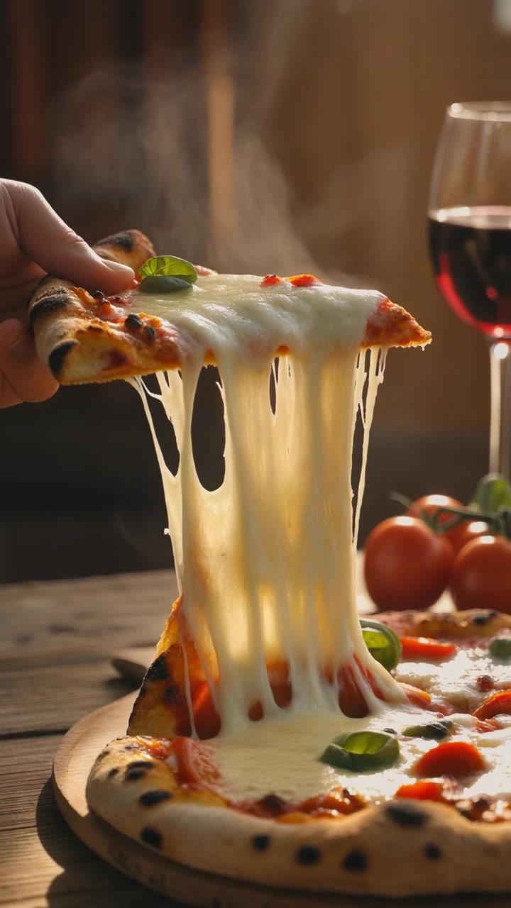 Mano che solleva una fetta di pizza calda e fumante con formaggio fuso