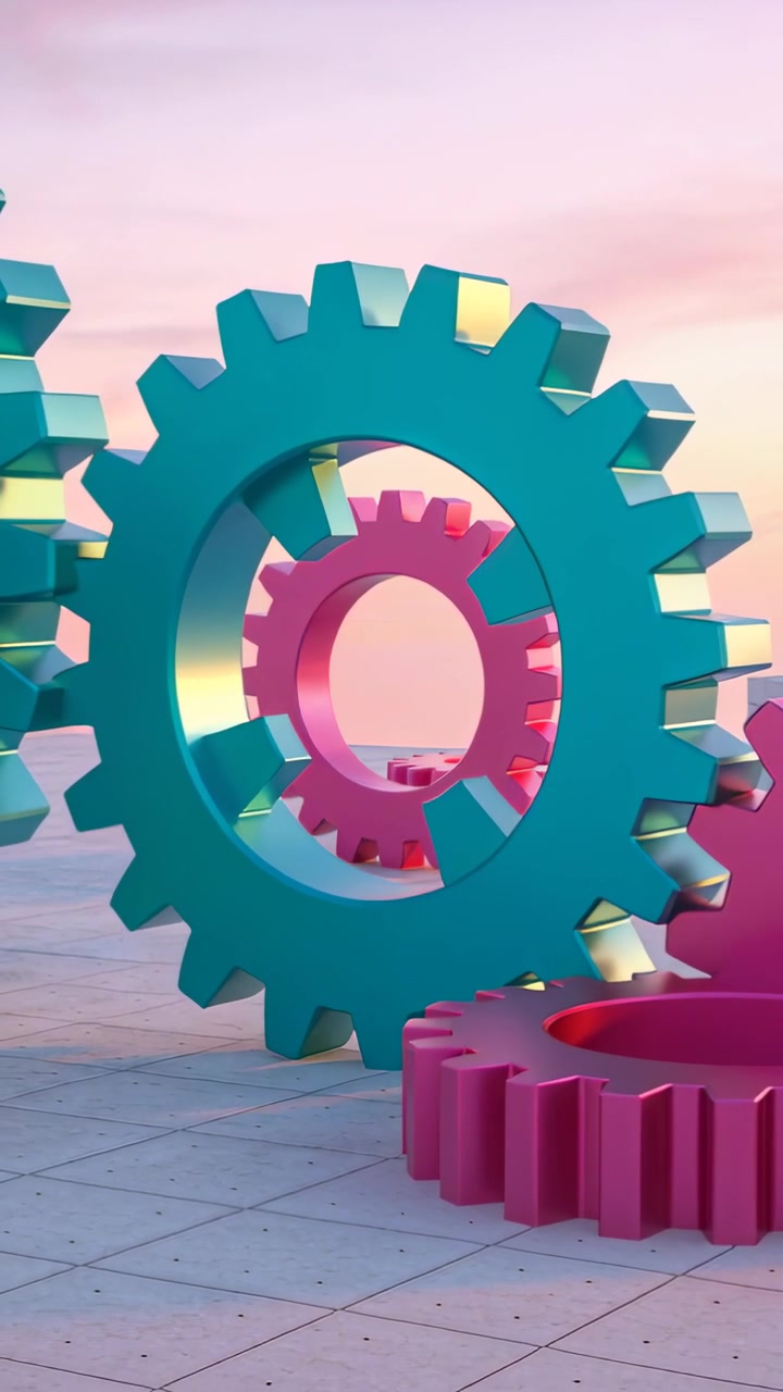 Vertical video: Pulling camera back showing teal gear on tiled floor, revealing nearby magenta gear