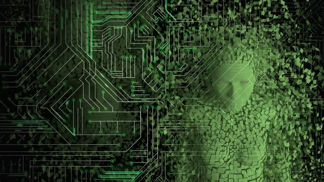 forma de androide femenina que emerge de la placa de circuito de computadora brillante