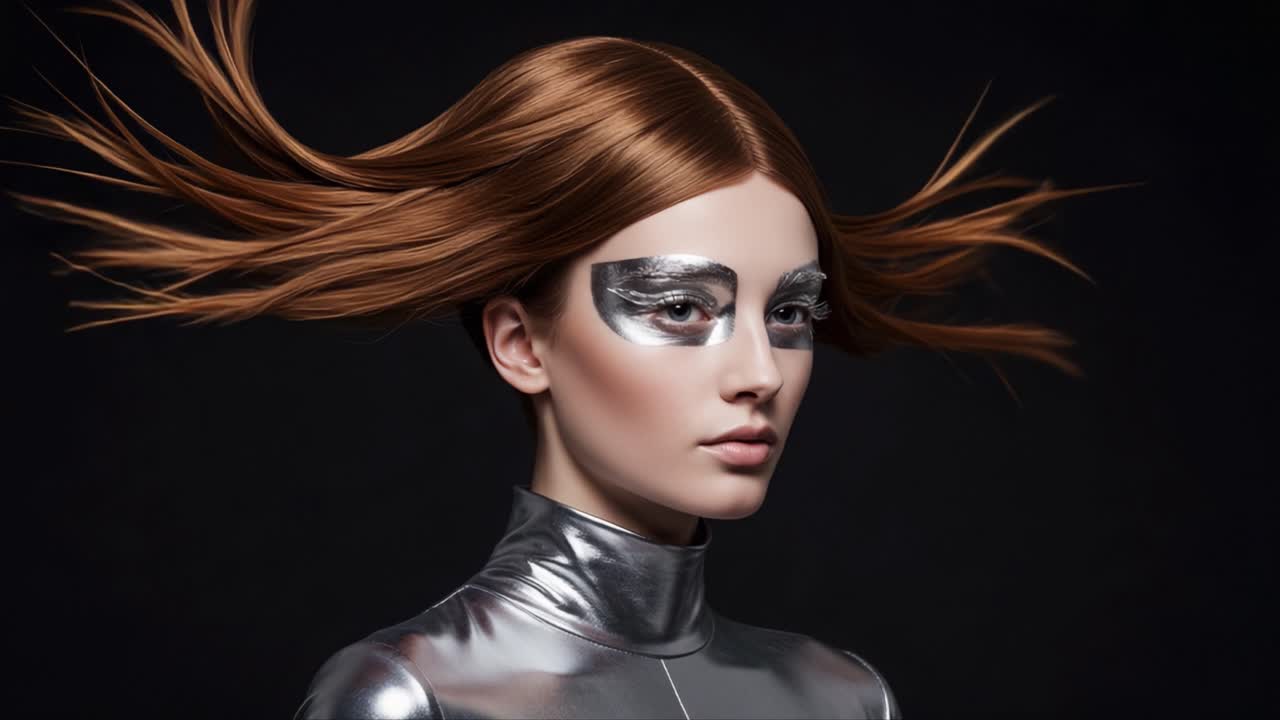 A Captivating Portrait of a Model with Elegant Silver Makeup and Dynamic Hair Flowing Against a Dark Background, Showcasing Futuristic Fashion Aesthetics