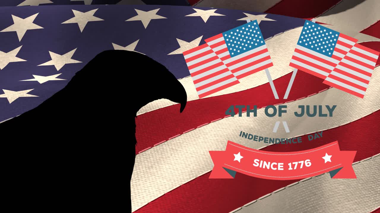 미국 국기 위에 독수리로 된 7월 4일 독립기념일 텍스트의 애니메이션