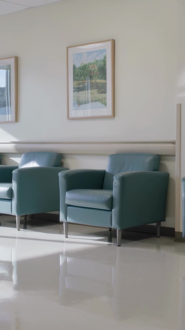 Video verticale: Inizio di una lenta panoramica della telecamera che rivela poltrone color verde acqua in clinica, mostrando la disposizione dei posti a sedere.