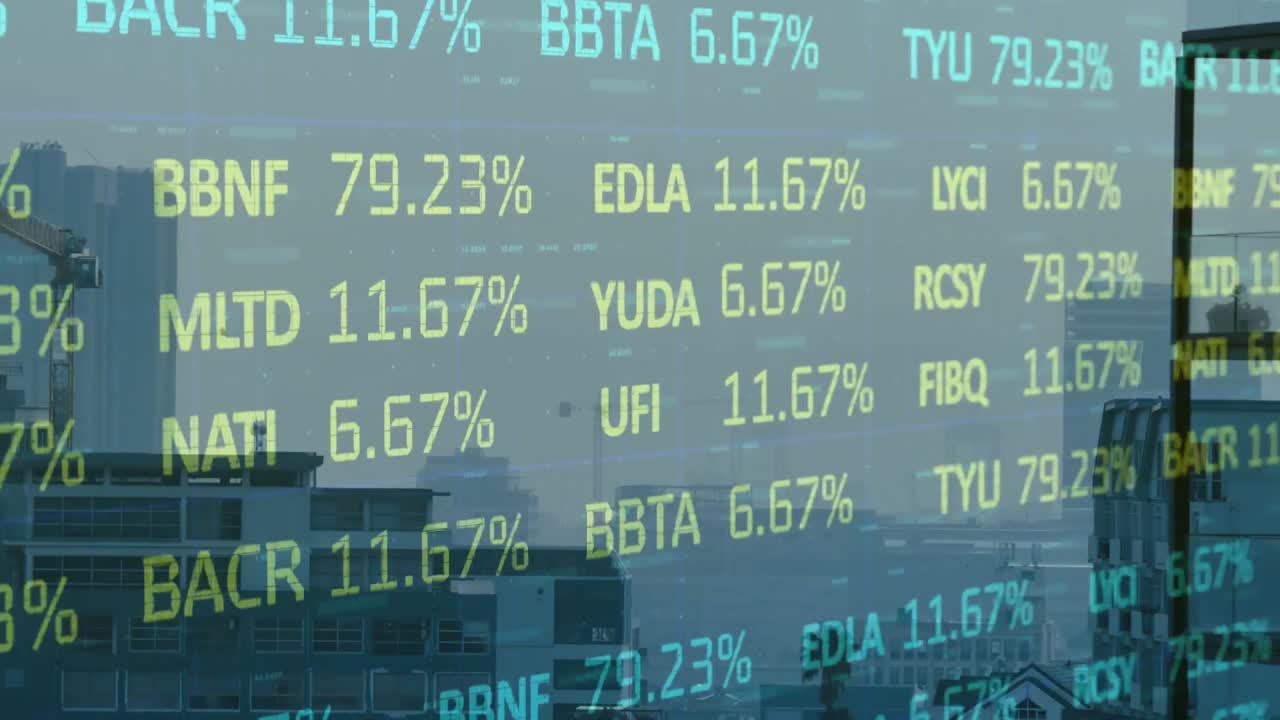 Animazione di elaborazione di dati finanziari e statistiche su paesaggio urbano