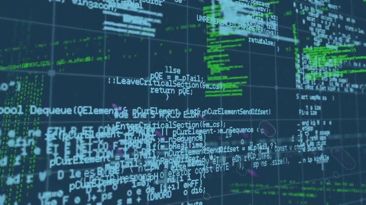 Animazione di elaborazione dati e scie di luce viola su griglia.