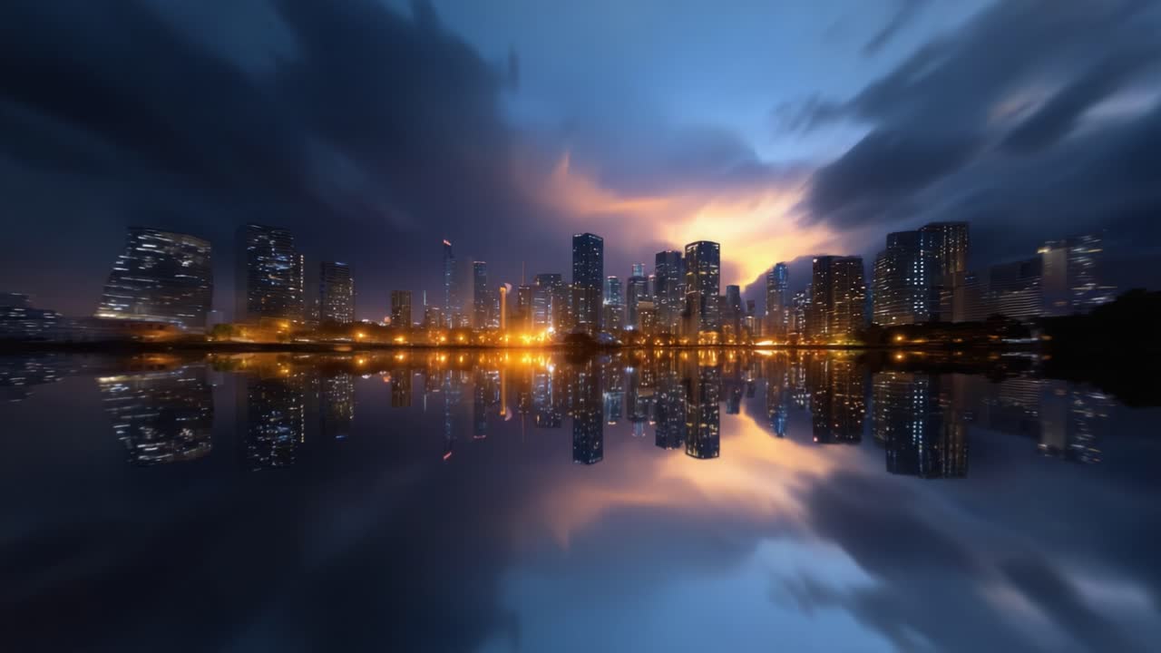 Dramatic Night Skyline Reflection Over Water with Glowing City Lights and Dark Dramatic Clouds in a Modern Urban Landscape at Twilight