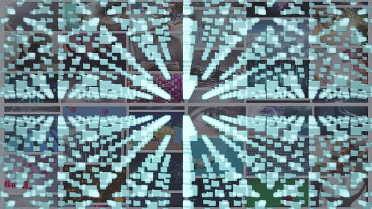 Animation of data processing and glowing padlock over various clips playing on composite screens