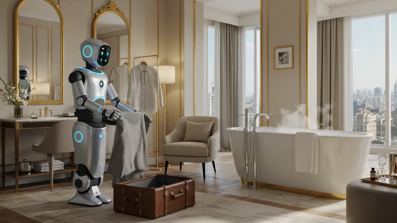 Futuristic Home Assistant Robot Performing Household Chores in Luxurious Modern Bathroom with Elegant Decor and Relaxing Atmosphere