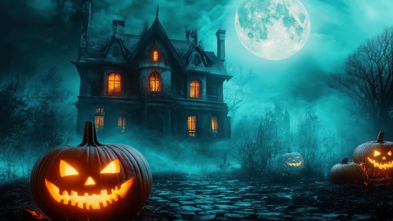 Eerie Halloween scene with a silhouette approaching a haunted house