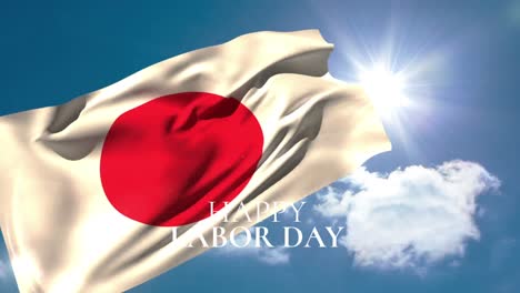 animation of happy labor day text over flag of japan and clouds