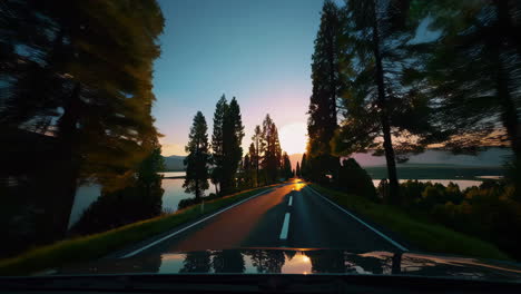 sunset drive through a forest by a lake