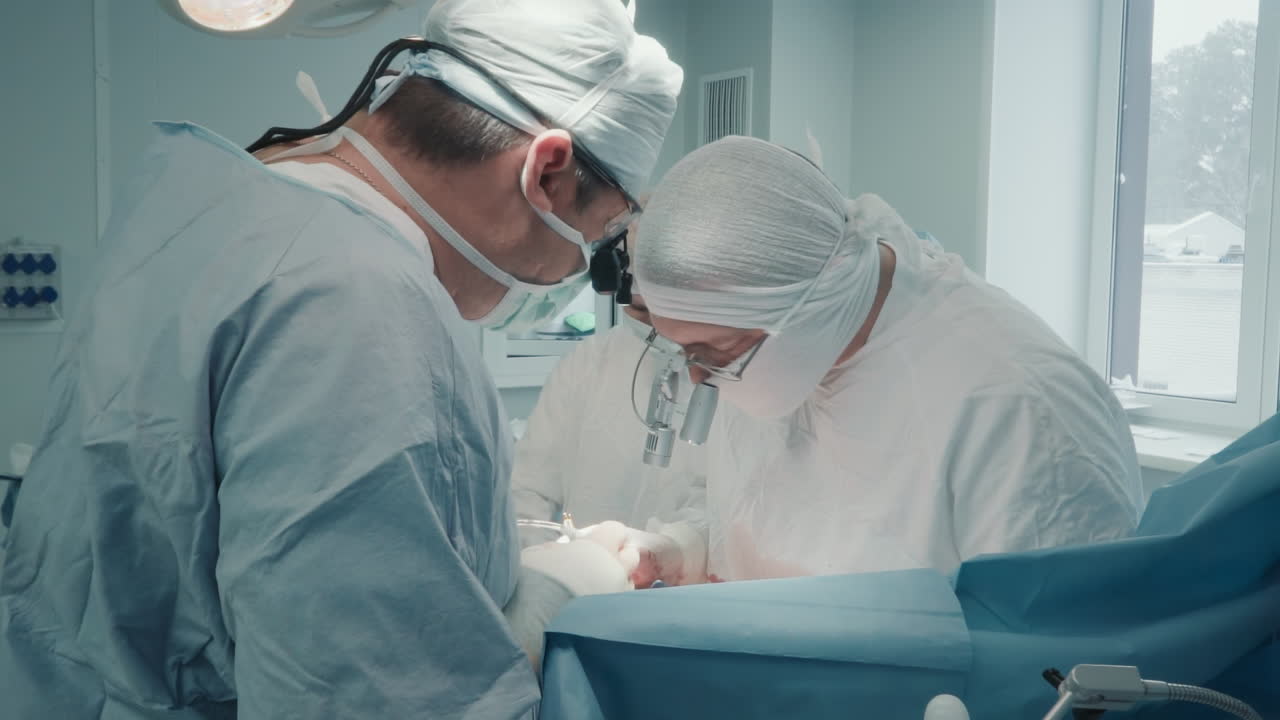 Doctors perform surgery in clinic. Surgical team engages in complicated process of coronary artery bypass graft surgery in sterile operating room