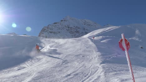 Slalom-skiers-riding-down-the-slopes-of-the-Alps-in-Austria---static-view