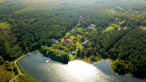 vista aérea de un lago rodeado de bosque y edificios