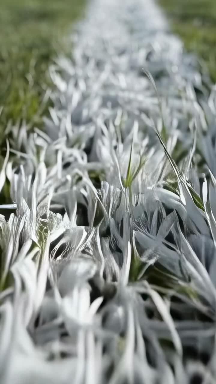 Video verticale: La telecamera scorre in basso rivelando una striscia bianca sull'erba sintetica, mostrando grumi di vernice e la trama.