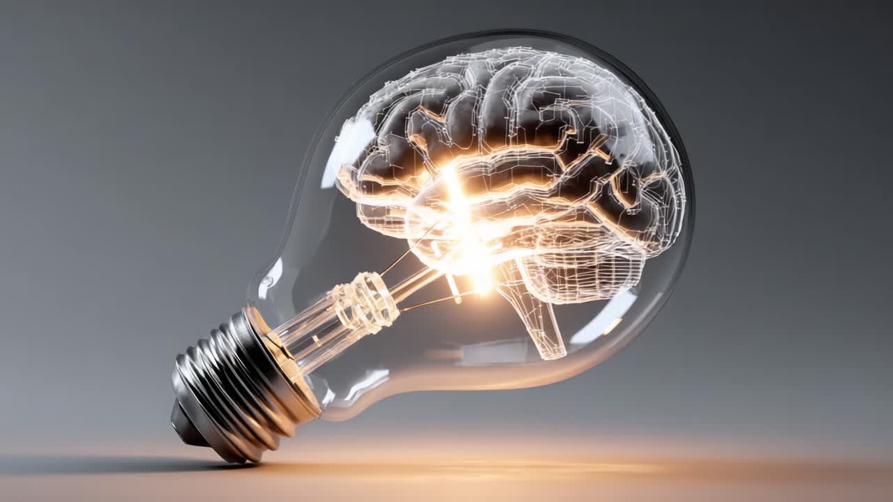 A creative fusion of intellect and innovation, this visually striking image showcases a light bulb filled with a glowing, intricate brain design, illuminating the power of ideas