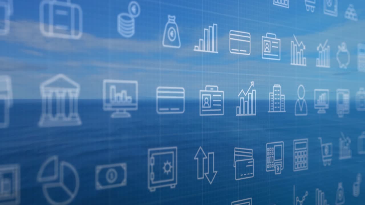 Camera panning icon panel sliding across ocean aligning piggy bank, bar chart showing finance theme