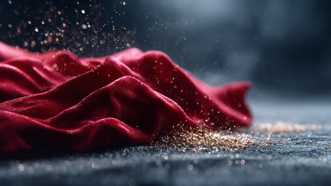 A Close-Up Encounter with Lush Red Fabric: Capturing the Subtle Elegance and Sparkling Details in the Contrast of Soft Texture and Light