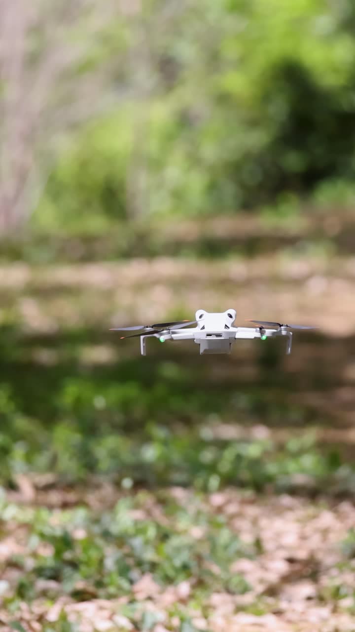 En drone svæver stabilt i en solbeskinnet skov, omgivet af grønt løv og nedfaldne blade.