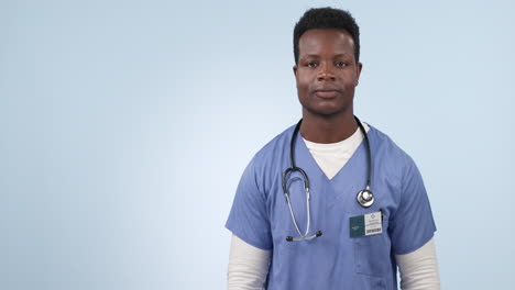 Nurse,-advertising-and-black-man-pointing-to-space