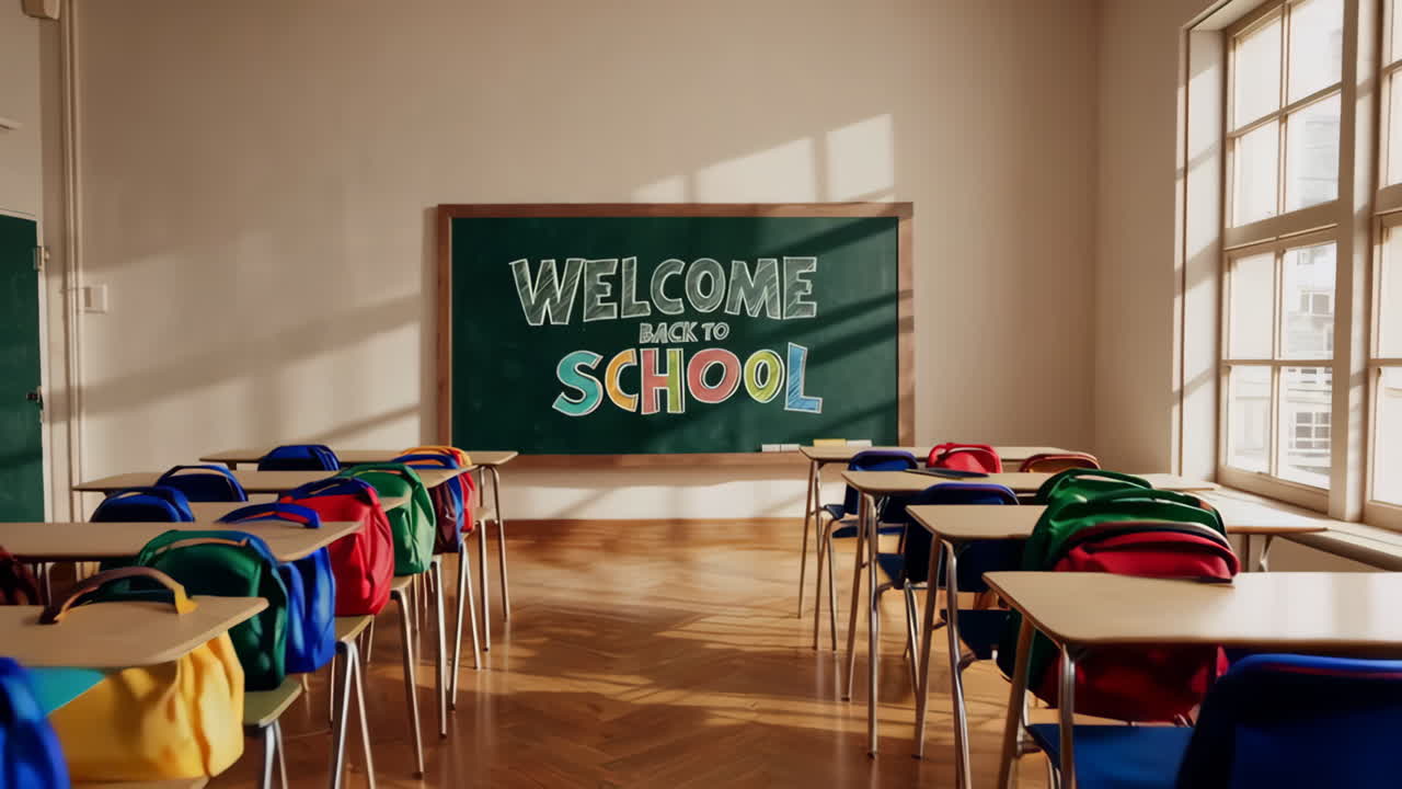 Empty Classroom with Welcome Back to School Message on Chalkboard