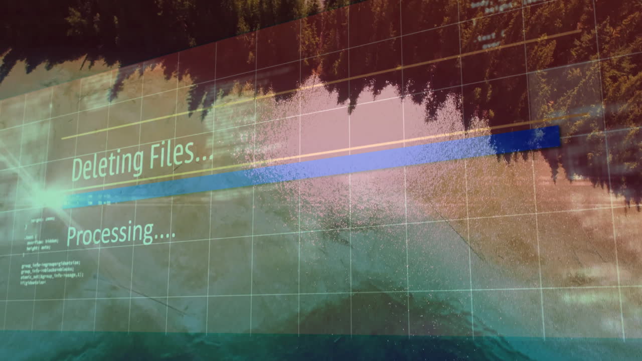 Animated interface showing deleting files and processing with blue yellow stripe and grid lines