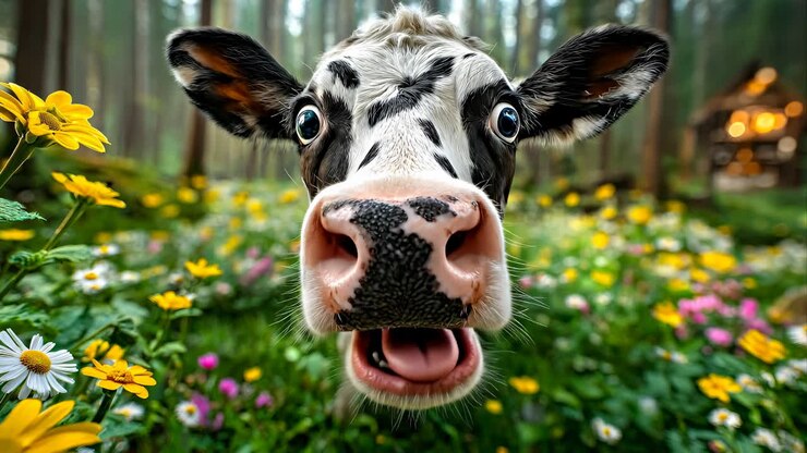 Happy cow in a flower-filled meadow. A playful cow is smiling among colorful wildflowers in a sunny forest clearing, enjoying natures beauty