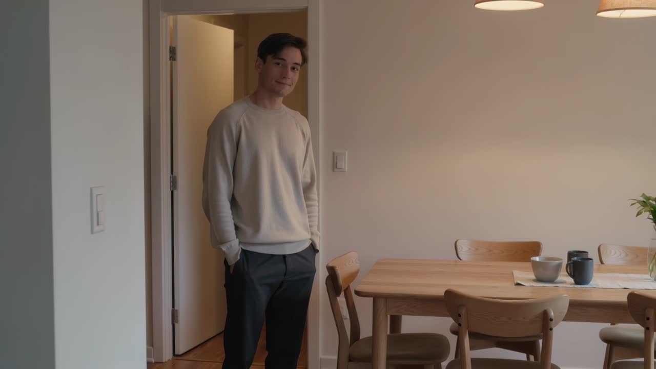 Uomo in maglione che si muove, inclina la testa e sorride sulla soglia di casa, con un tavolo di legno e spazio per il testo.