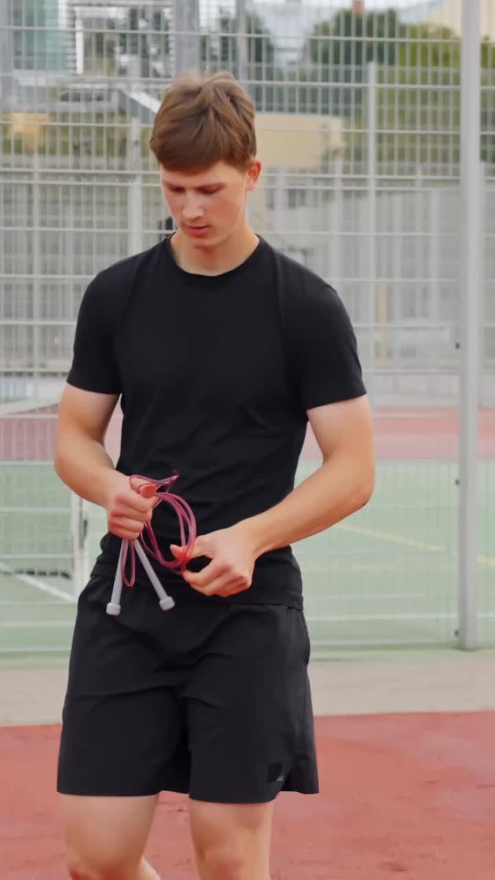 Man grabs wireless earbuds case and prepares for run during outdoor fitness session at park track