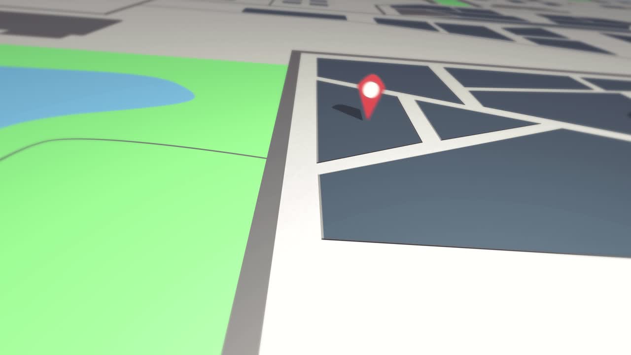 vuelo 3d sobre un mapa de calles de la ciudad generado digitalmente con alfileres a un destino marcado