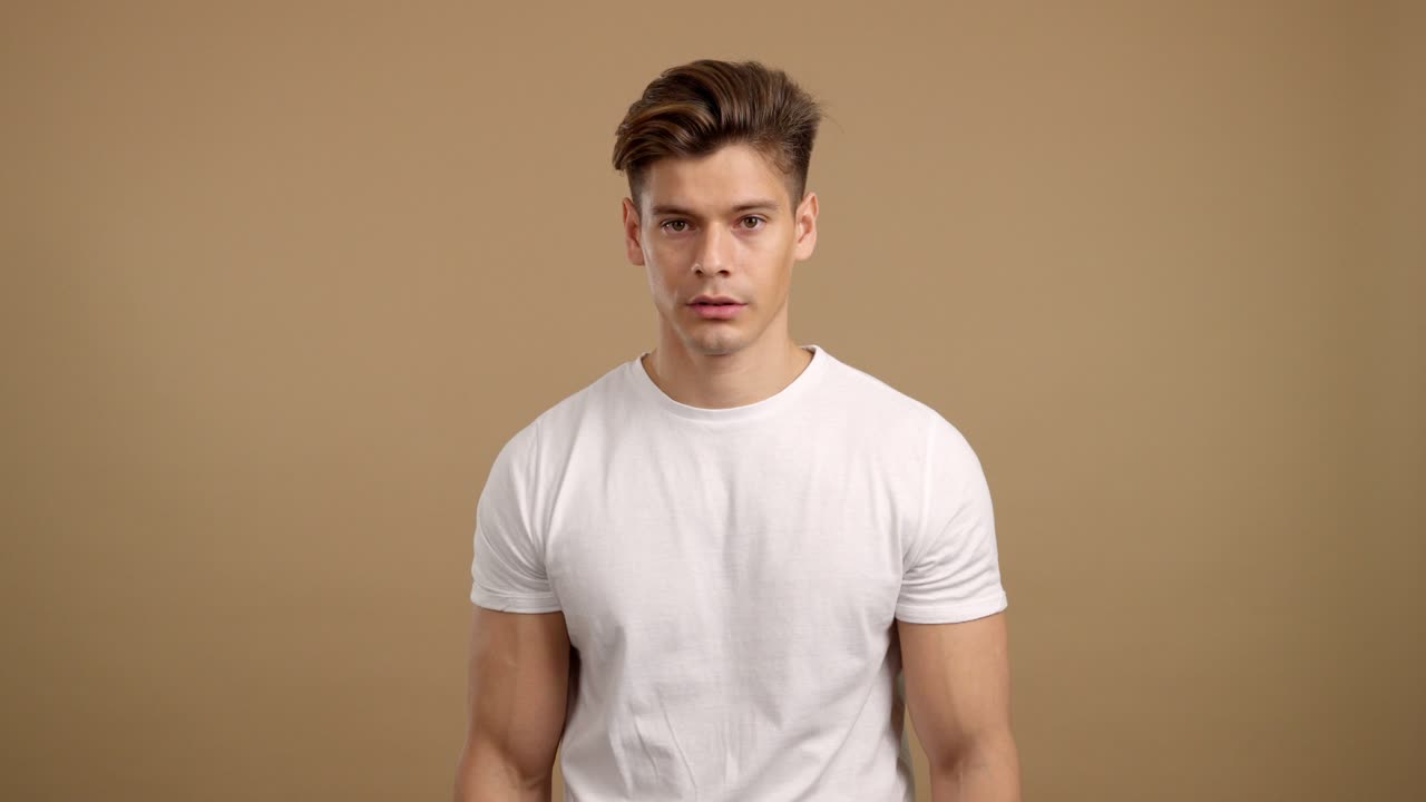 Man Reacts with Shock, Surprise, and Raises Hands in Defense