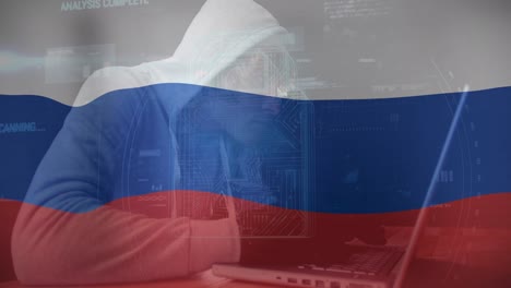 animation of caucasian male hacker over flag of russia